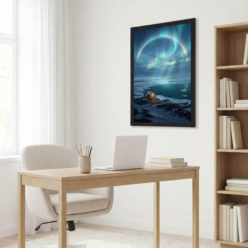 «Lit Cabin Under Green Aurora Borealis Ring Over Icy Sea», art mural, 18"H x 12"W
