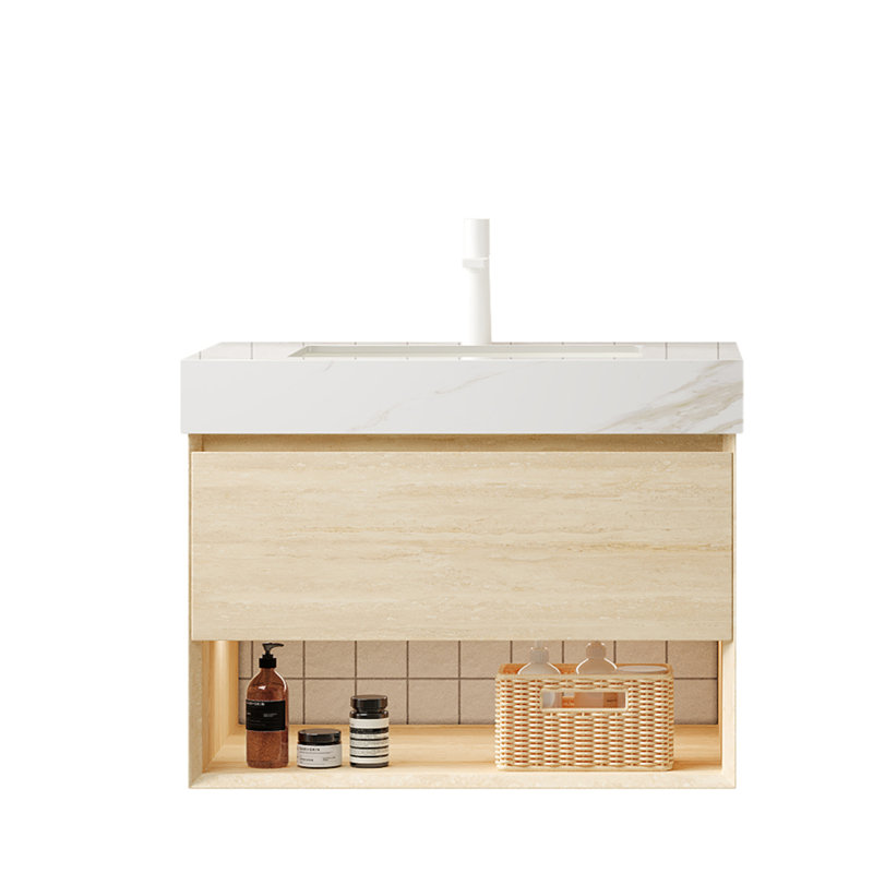 Meuble-lavabo flottant 30 po avec comptoir en pierre et lumière à capteur, pré-assemblé