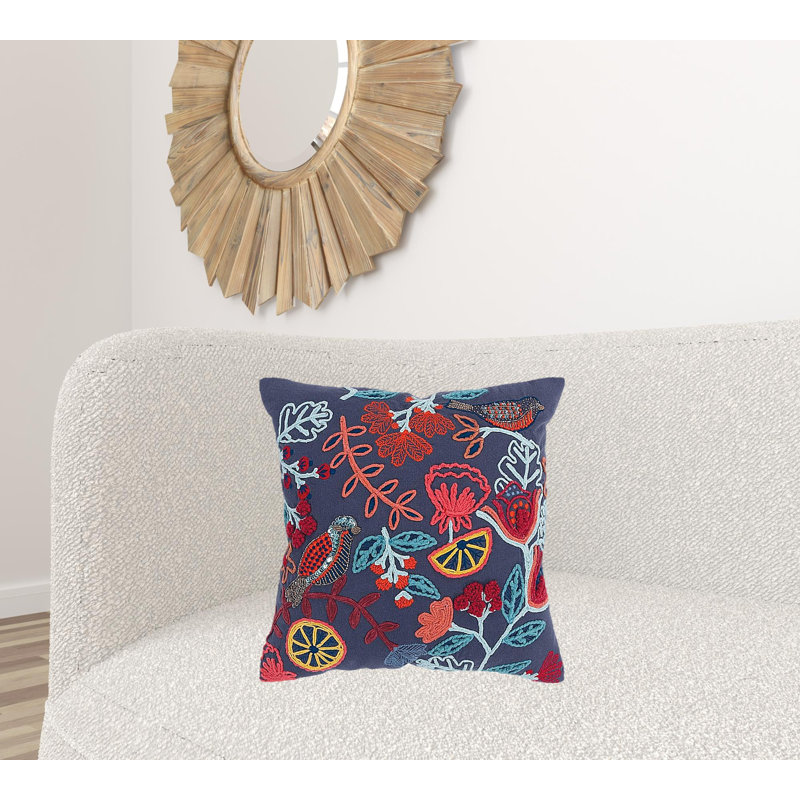 Dark Blue Jacobean Bloom Embroidered Throw Pillow