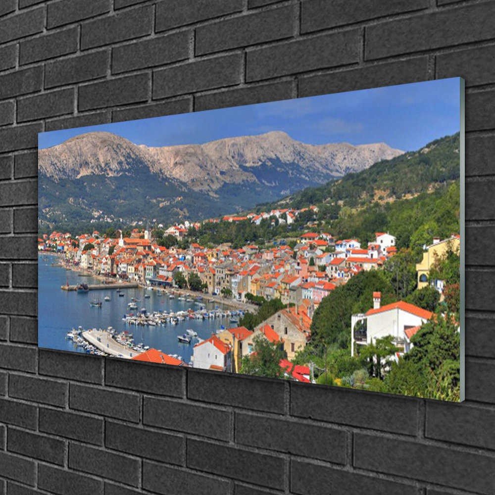 Glasbild Landschaft Stadt Berg Meer