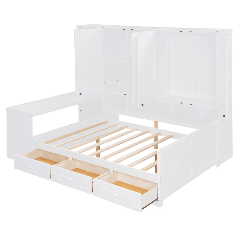 Wooden Daybed With Three Drawers, And All-In-One Cabinet, Desk And Shelves, White, Full
