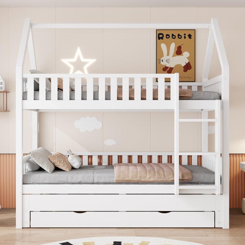 Twin over Twin House Bunk Bed with Trundle, 3 Storage Drawers, Fence Guardrails & Playhouse Design, White