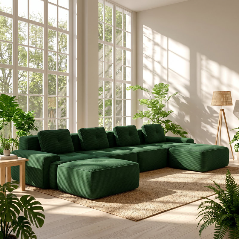Canapé modulaire à assise profonde en velours côtelé modulaire à 4 places l 150,4 po x P 69,7 po x H 27,1 po Evergreen