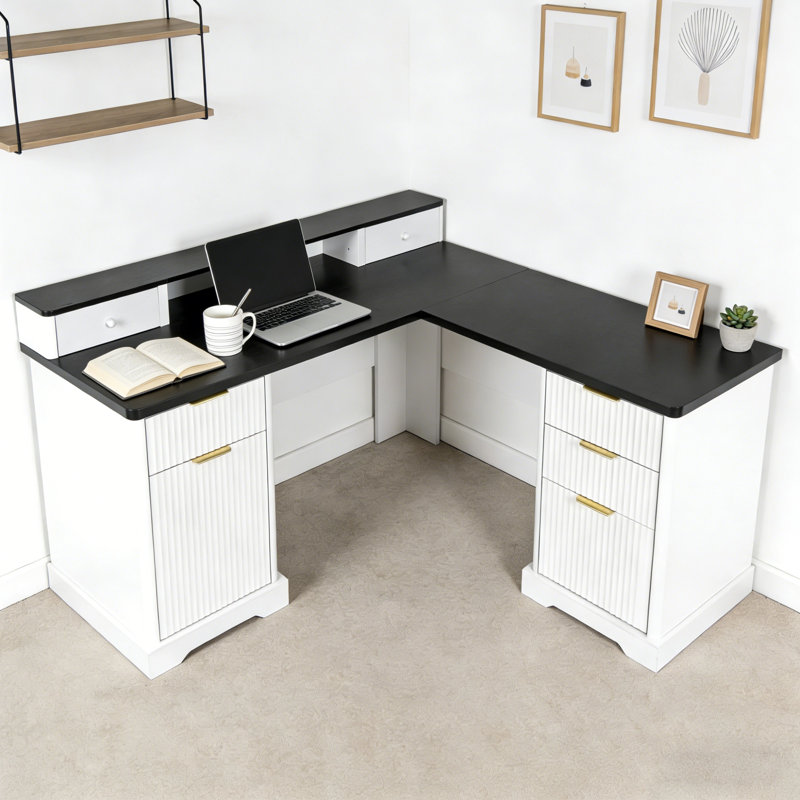 59" Modern Fluted L-Shaped Computer Desk With Storage Cabinet And Charging Station, Black/White
