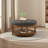 Large Round Upholstered Tufted Linen Ottoman Coffee Table, Large Footrest Ottoman with Solid Wood Shelf-Granite-584048004