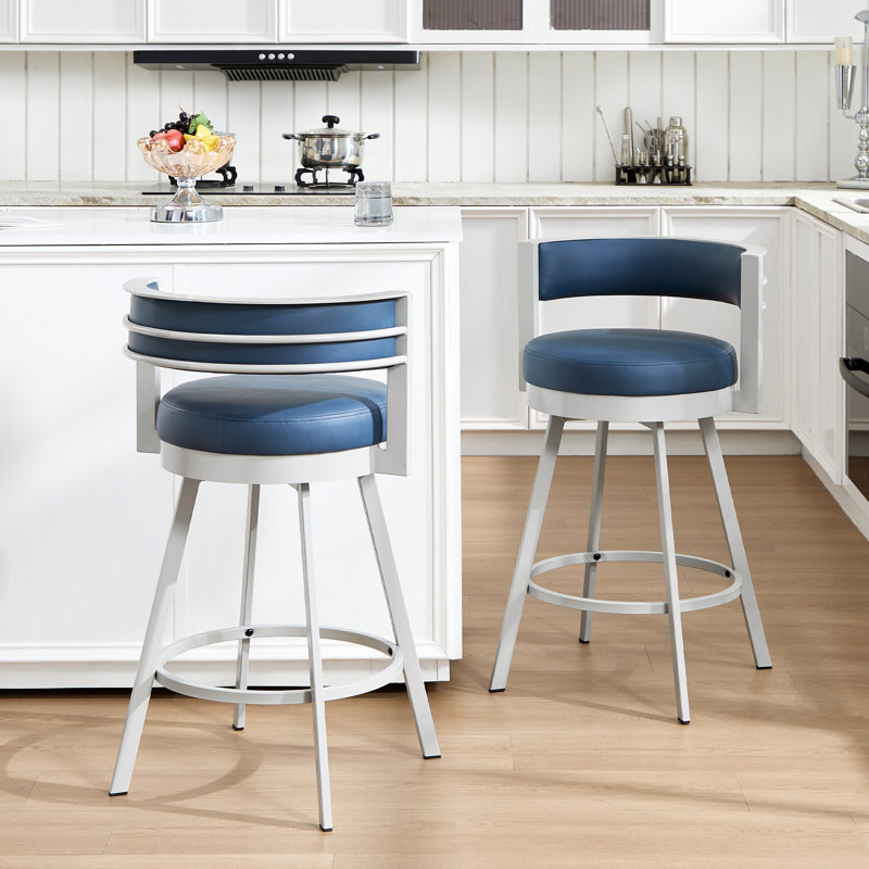 Ayala Rowan 26.6" Modern Swivel Leather Counter Stool withCurved Back and Metal Frame, Navy