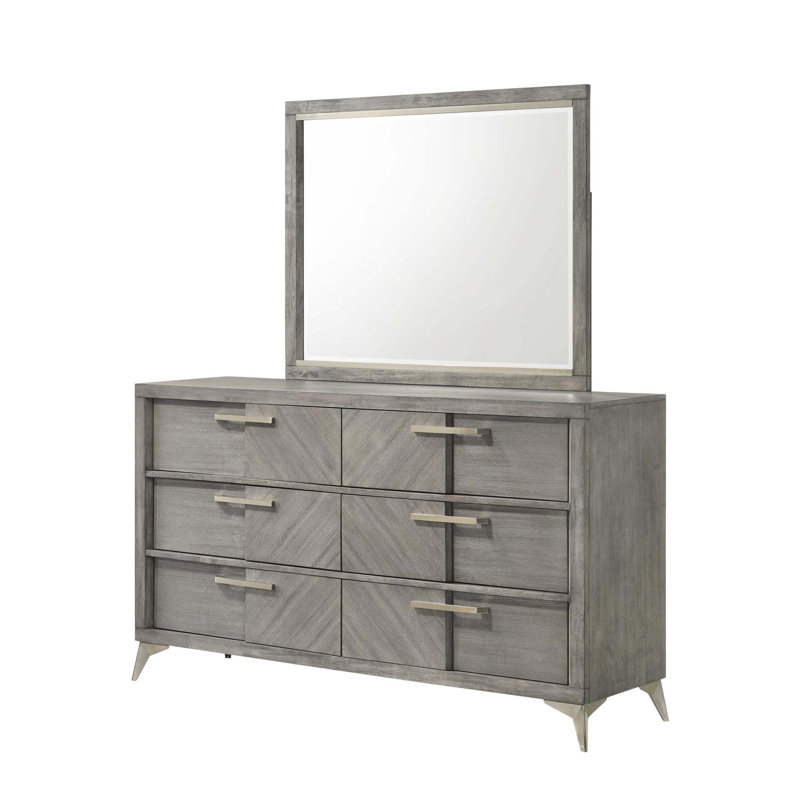 Commode 6 tiroirs en placage assorti gris