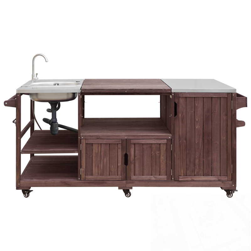 Îlot de cuisine extérieur avec plateau en acier inoxydable, deux armoires et tablette ouverte, Brun