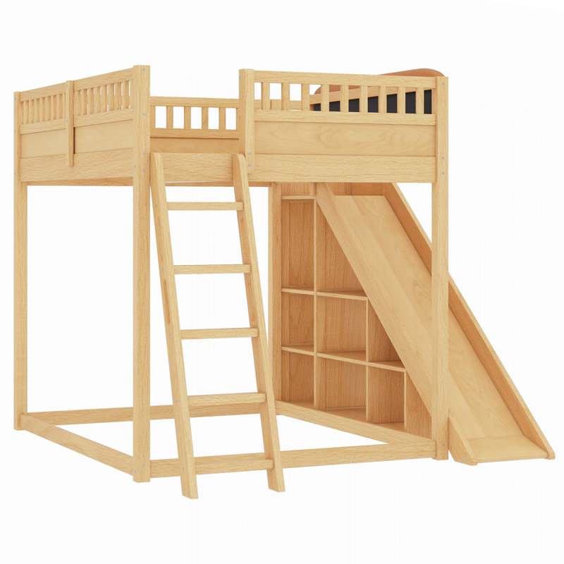 Lit mezzanine avec tête de lit tapissier, tablettes de rangement, échelle et glissade, Full / Double, Natural