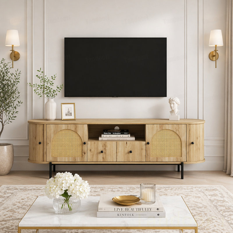 Meuble télé de style américain avec portes arquées en rotin, tiroirs, rangement dissimulé, pieds en acier, coins arrondis