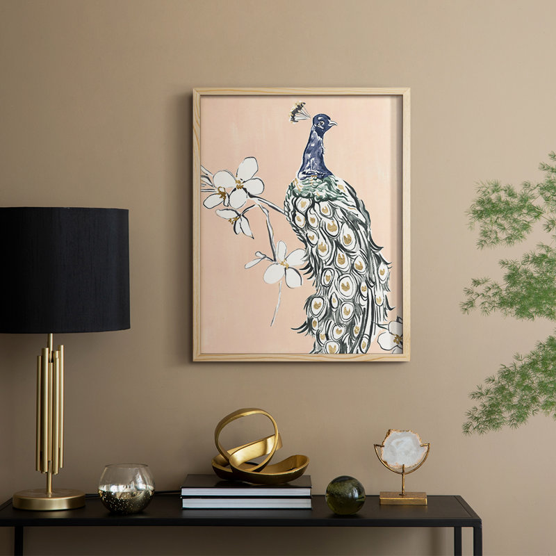 «Peacock in Gold III», reproduction encadrée - bois massif, H 21 po x l 17 po