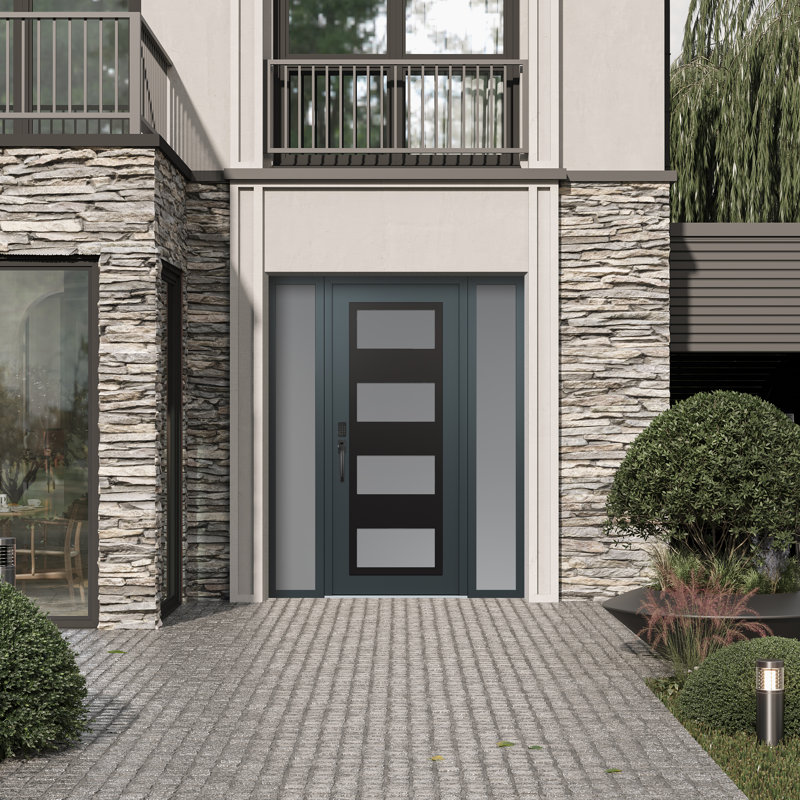 Panneau d'entrée en acier noir anthracite / anthracite avec 2 panneaux latéraux pré-suspendus, L 60 po x H 80 po, Gelé, Oui