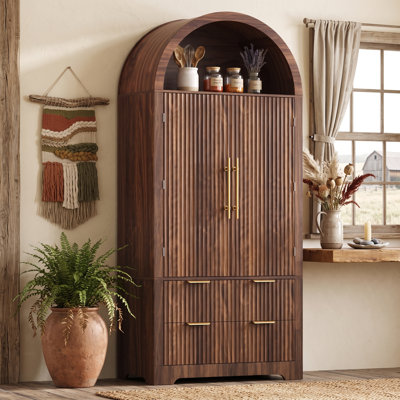 72 Inch Tall Pantry Cabinet with Door Mounted Storage Shelves Arched Fluted Storage Cabinet 2 Drawers Adjustable Shelves