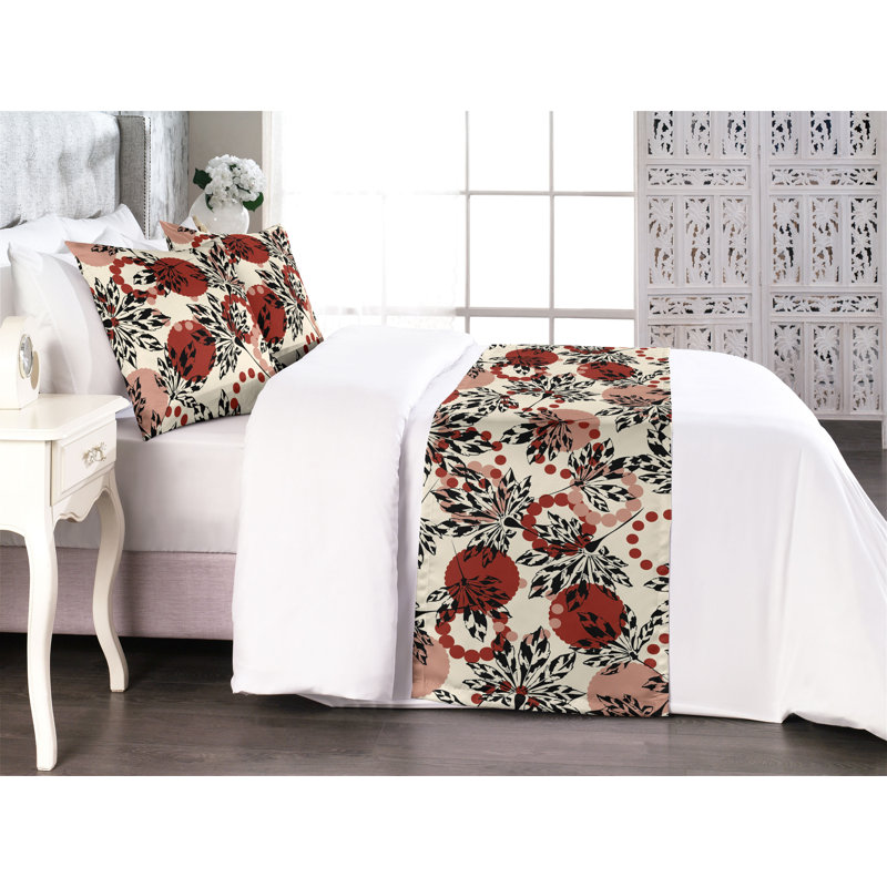 Ambesonne Leaf Silhouettes Bed Runner Set Spotted Back Leaf Raspberry Cream and Pale Ruby, King