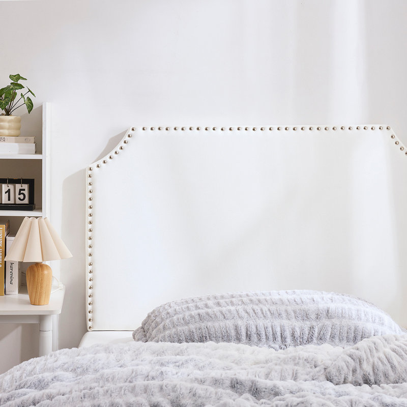 Full/Full XL - Bevel Tacked Plush Outlet Headboard with Legs - White with Rivets, Silver Rivets