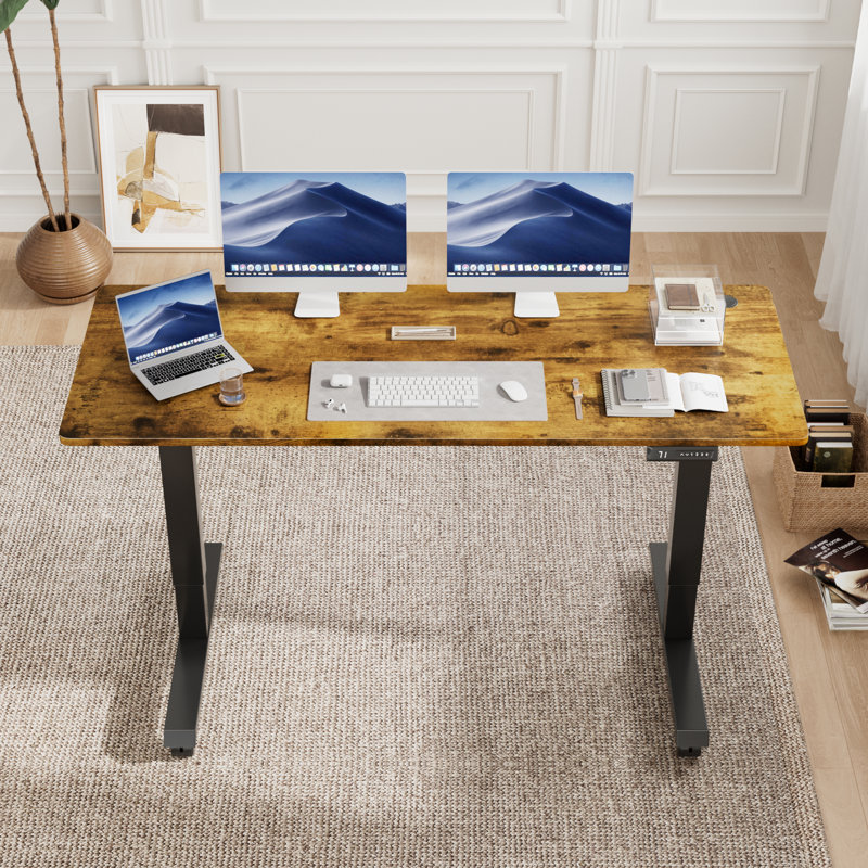 Bureau debout électrique à hauteur ajustable avec 4 roulettes verrouillables, Brun / Noir, H 27,95 po x l 60 po x P 24 po