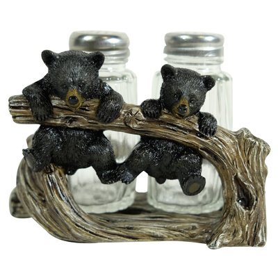 Polyresin Woodland Black Bear Cub Playing on Branch Rustic Forest Salt and Pepper Shaker Holder Set
