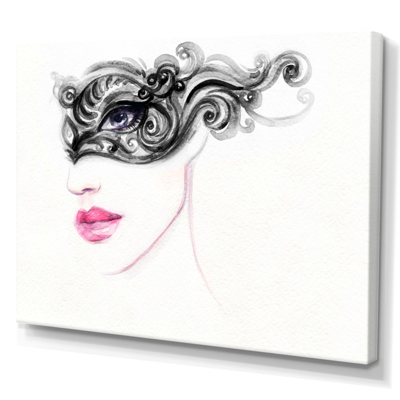 Fashionista avec masque de Venise noir - reproduction sur toile, H 16 po x l 32 po x P 1 po, Toile tendue