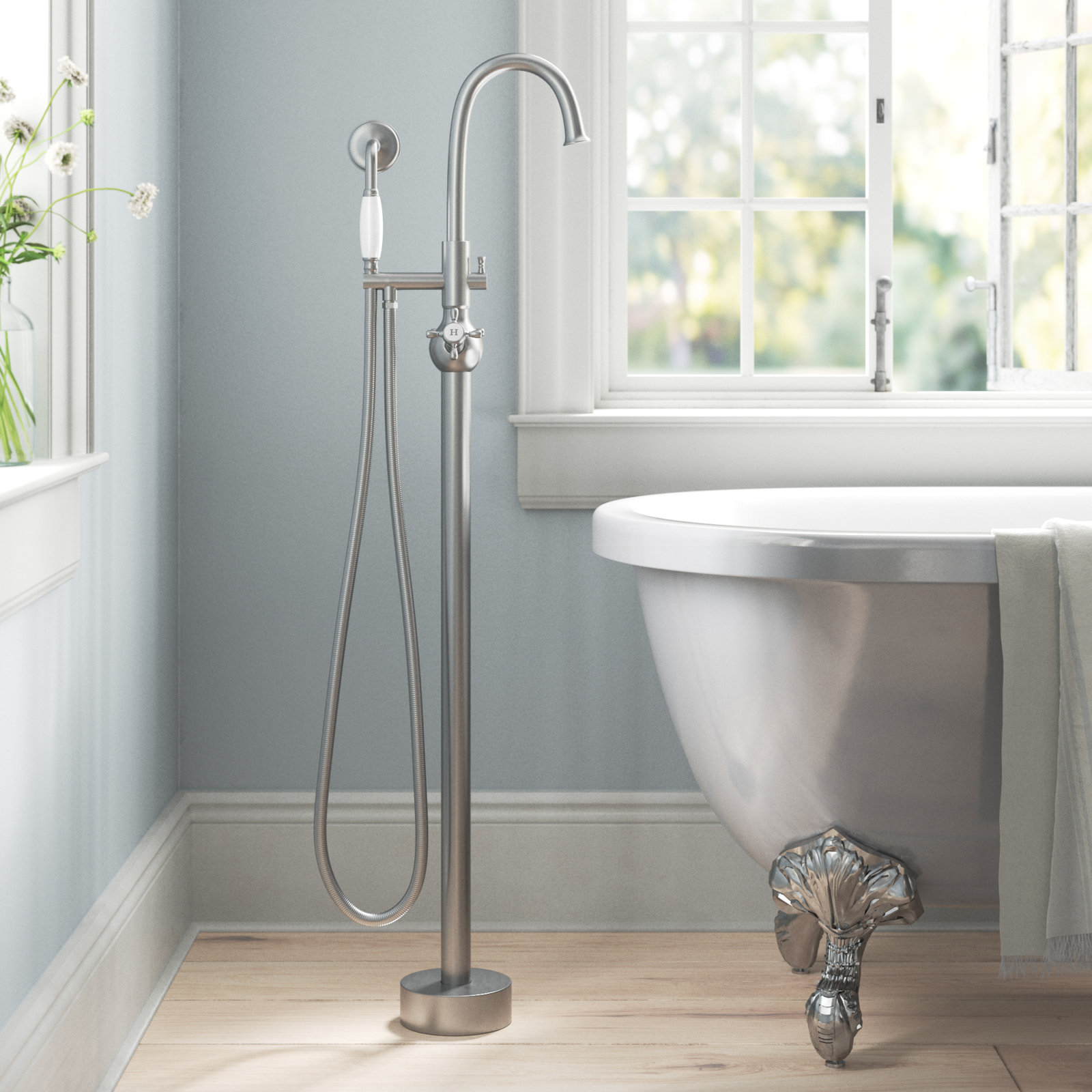 Loeb Floor Freestanding Tub Filler with Diverter, Brushed Nickel