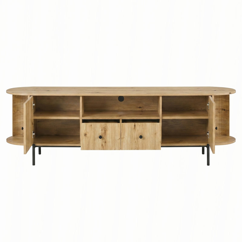Meuble télé de style américain avec portes arquées en rotin et pieds en acier, Bois robuste