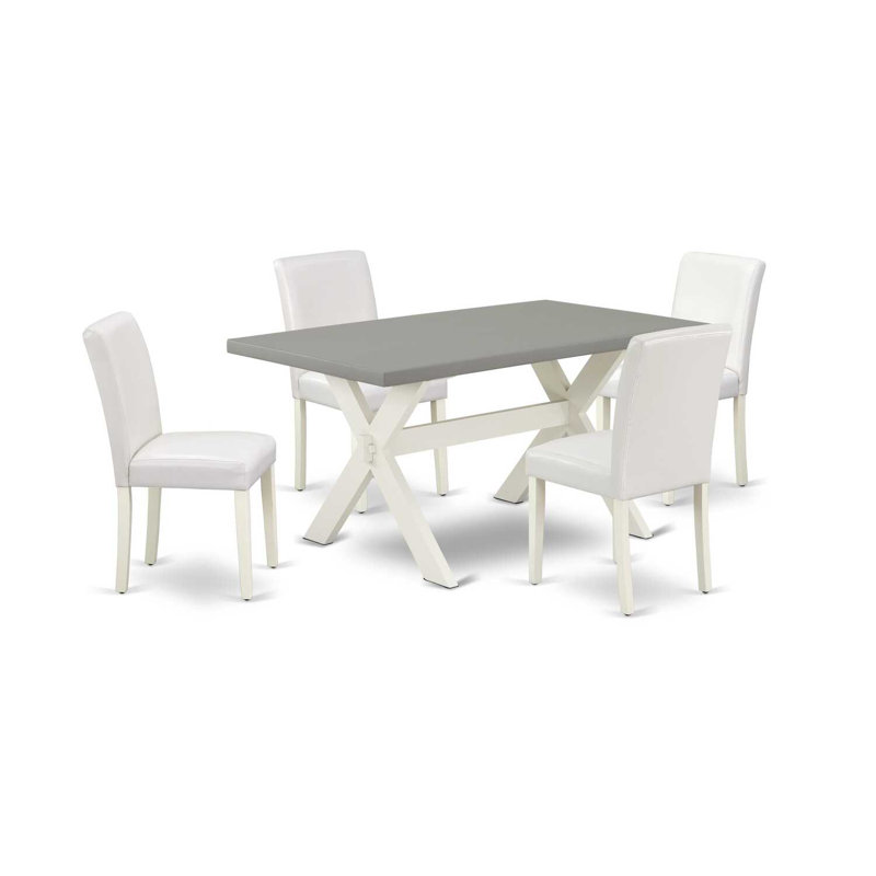 Table de salle à manger 5 pièces à finition bois de chêne massif avec 4 chaises et dossier en treillis, Ciment, Blanc
