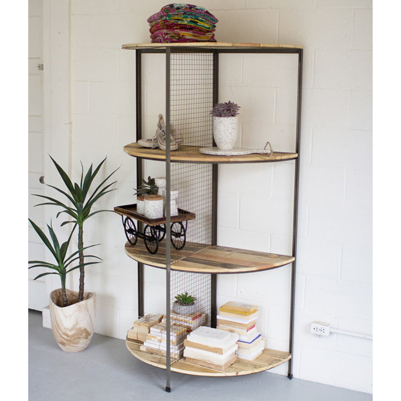 RECYCLED WOOD AND METAL DEMI LUNE SHELVING UNIT