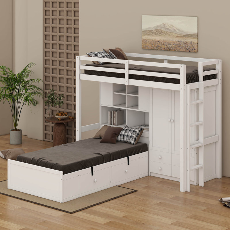 Lit superposé simple avec tiroirs, garde-robe, tablettes de rangement et hydraulique, Blanc
