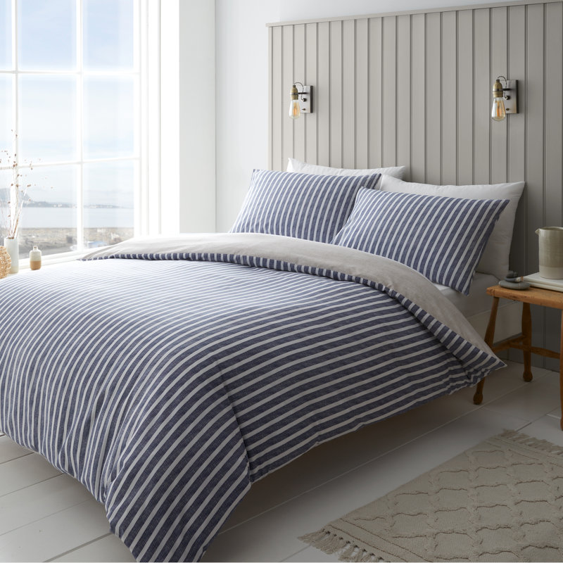 Textured Banded Stripe Reversible Duvet Cover Set with Pillowcases, Single - 1 Standard Pillowcase, Blue