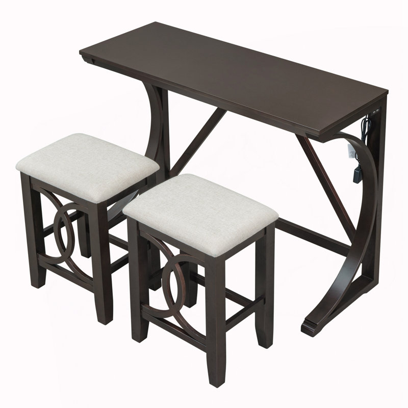 Ensemble de table de salle à manger 3 pièces à hauteur de comptoir avec port USB, Espresso, Beige