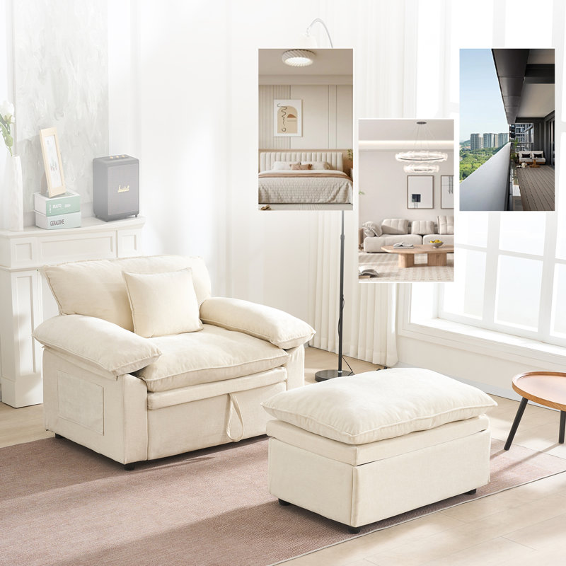 Modern Comfy Accent Chair with Ottoman Set Oversized 48.4" Chaise Lounge Chair Indoor with Foot Rest Armchair with Storage Single Sofa Couch Chenille Oversized Reading Chair for Living Room