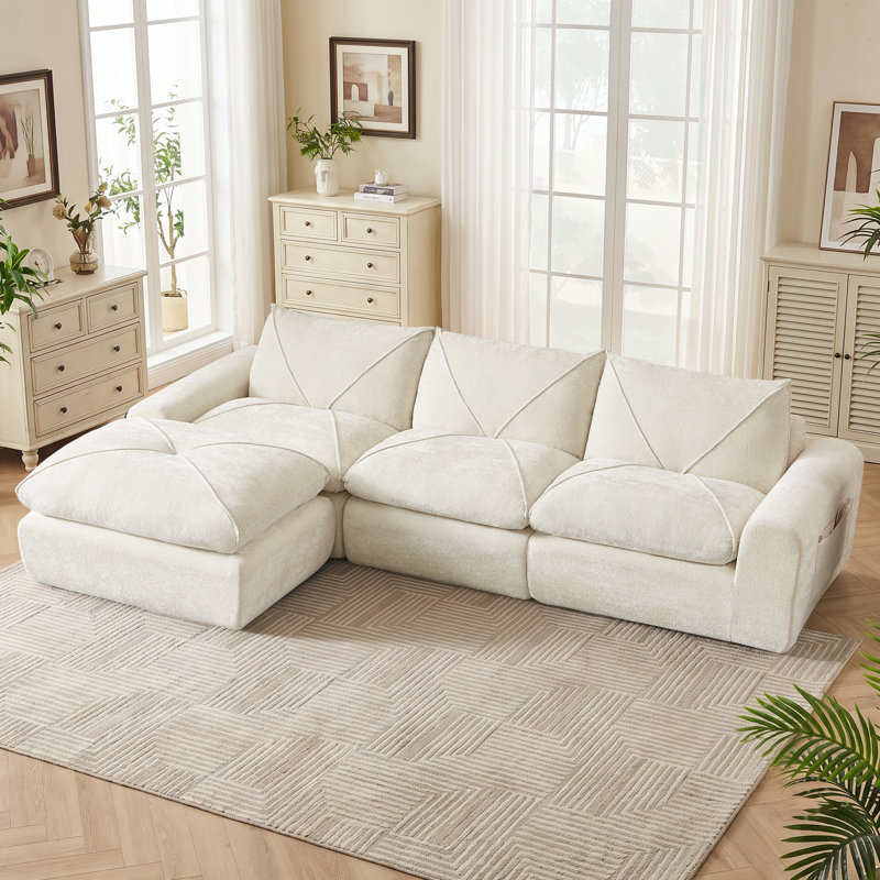 Boneless Modular Cloud Sectional Couches For Living Room, Oversized Compression Chenille Cloud Sofa, Beige Chenille