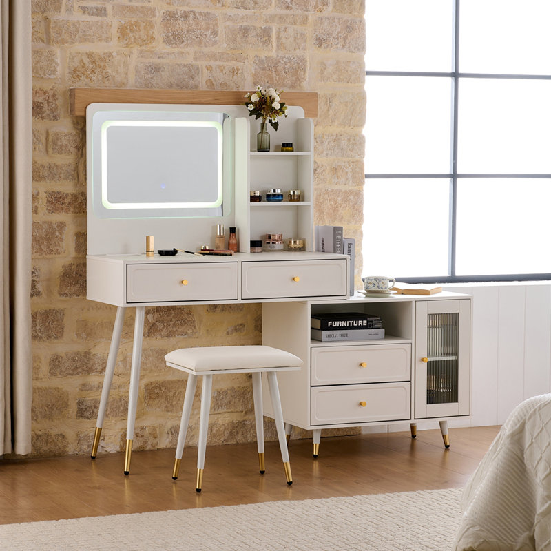 Bureau de coiffeuse réglable avec grand miroir à DEL et grand espace de rangement, parfait pour optimiser l'espace et l'esthétique moderne