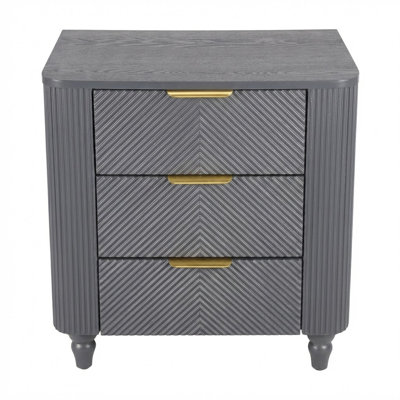 Mid-Century Style Curved Nightstand with Textured Drawer Fronts and Elegant Metal Handles Designed for Bedside Storage and Daily Essentials