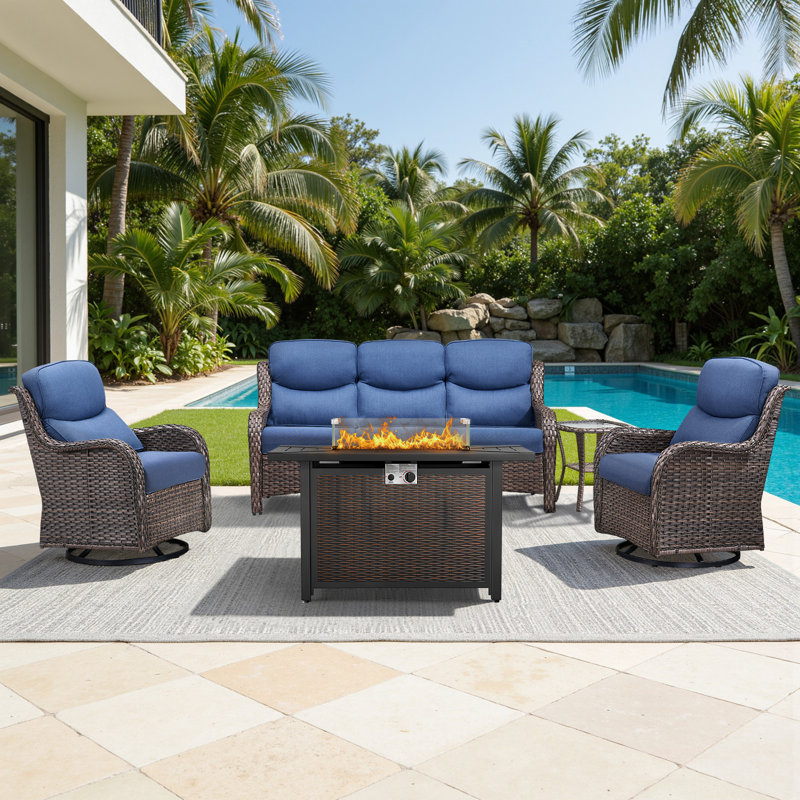5 - Person Handwoven Wicker Patio Conversation Fire Pit Set With 5" Olefin Cushions Swivel Glider Chairs & Side Table, Blue