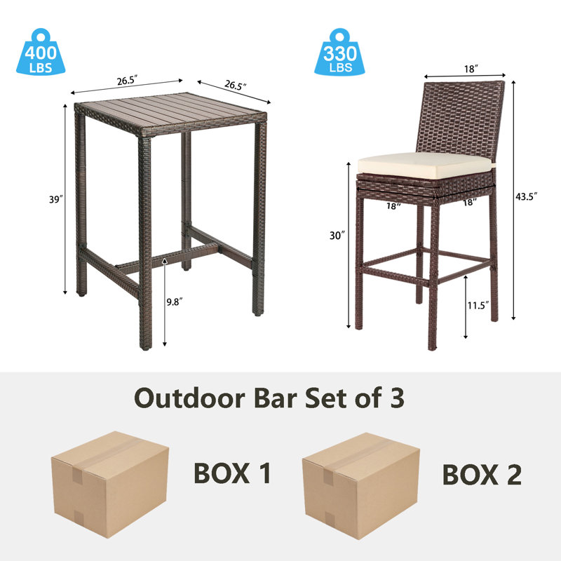 Ensemble de bar d'extérieur pour patio 3 pièces Ensemble de table de bar et chaises d'extérieur Ensemble de 2 tabourets de bar en osier à hauteur de bar toutes saisons
