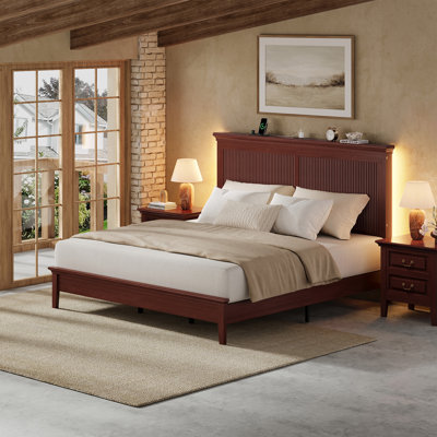 Mid-Century Solid Wood Bed Frame with Built-in Charging Station & RGB LED Headboard, King, Reddish Brown