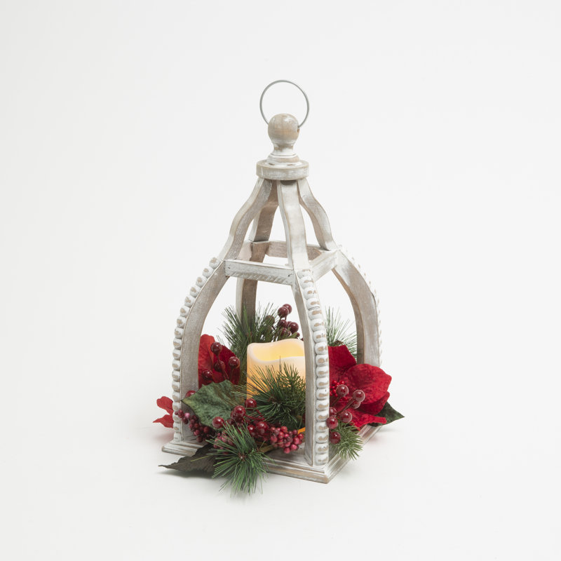 Lanterne festive en bois à piles à la main de 14,6 po de hauteur avec bougie à DEL et lanterne décorative des Fêtes