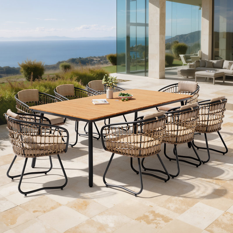 8 - Person Metal Patio Dining Set With Removable Cushions And Umbrella Hole, Beige Cushion/Brown Table Top
