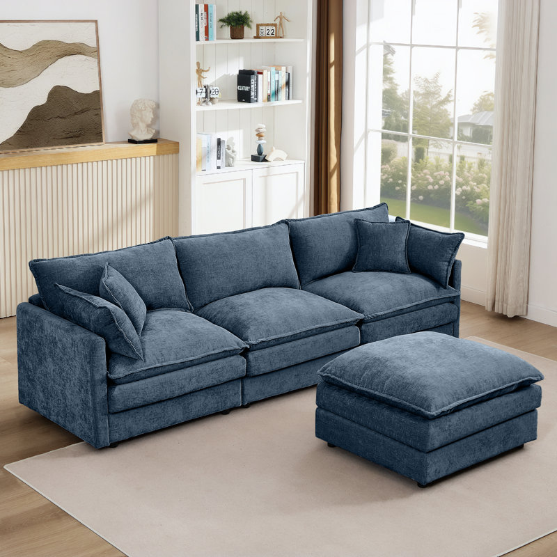 Canapé modulaire en L spacieux et modulaire en chenille bleue pour salon moderne