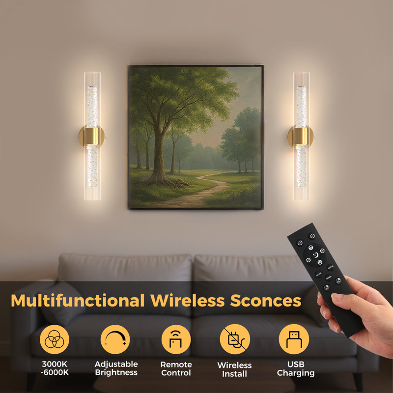 22'' Rechargable Wall Mounted Sconce, Acrylic LED Wallchiere With Remote Control, Gold