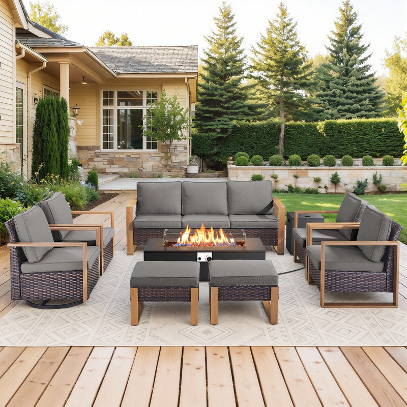 Drazen 9 - Person Patio Furniture Set With Fire Pit Table, All-Weather Wicker Outdoor Conversation Set With Chair And Thick Cushions