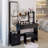 Full Body Mirror Cabinet + Round Mirror LED Vanity Table + Cushioned Stool, With 2 AC + 2 USB Power Station,17" Diameter LED Mirror, Touch Control, 3-Color, Brightness Adjustable, Large Desktop