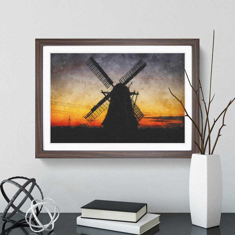 Windmill at Sunset Vol.1 - Picture Frame Painting, 27cm H x 36cm W x 2cm D, Walnut Framed