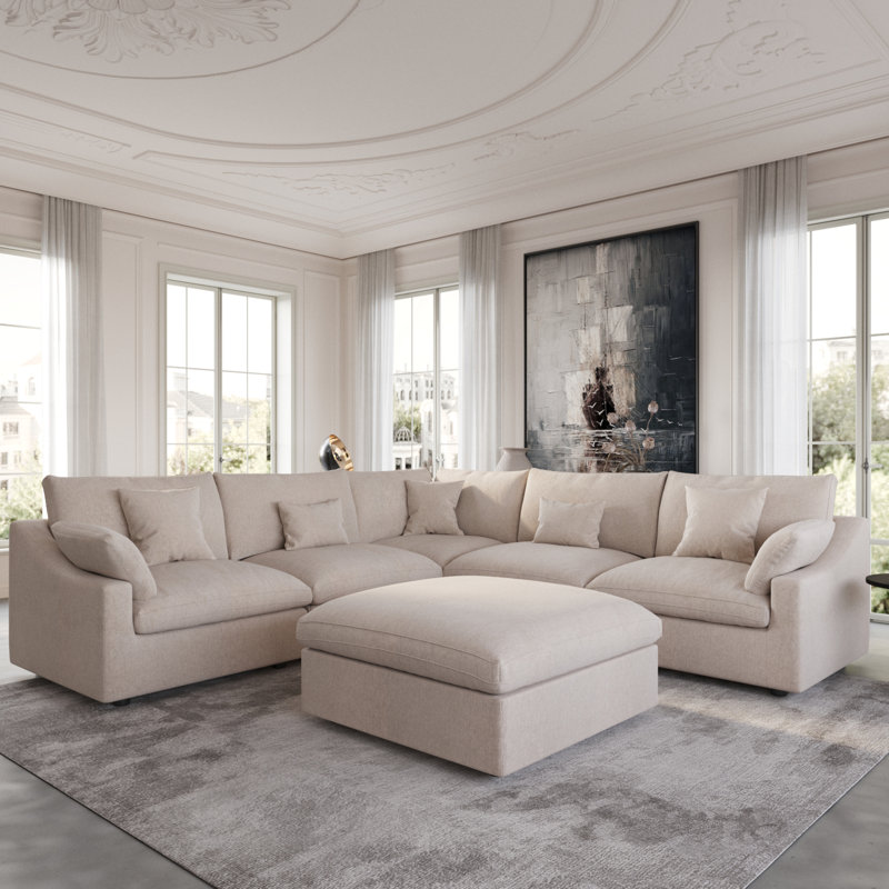 Canapé modulaire avec repose-pieds 6 pièces Elowen, Mélange de lin kaki
