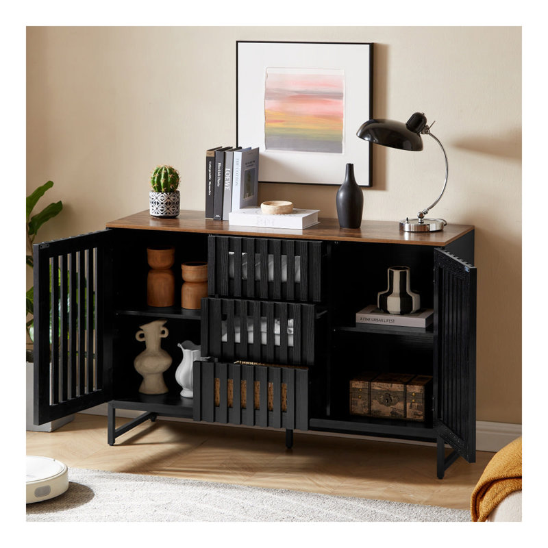 Commode 3 tiroirs et 4 tablettes avec grille à lattes et portes rayées, commode de style moderne, panneau de fibres à densité moyenne de haute qualité et pieds en métal