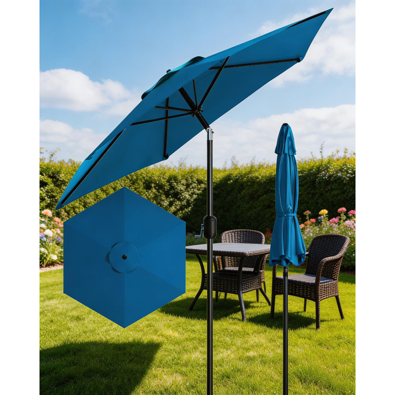 Parasol de patio extérieur de 9 pi avec manivelle et inclinaison à bouton-poussoir, protection UV imperméable, Bleu