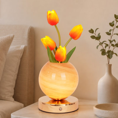 Orange Tulip Flower Table Lamp, 3-Color Touch Control Led Light With Usb Charger, Romantic Night Light