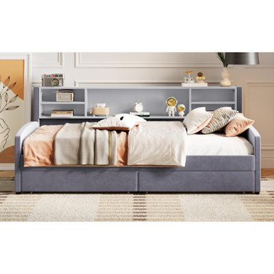 Twin Size Upholstered Platform Bed With Storage And Drawers, Gray