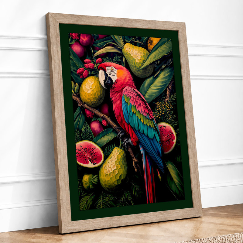 Macaw Among Fruits Tropical - Framed Print, A3 - 42.0 x 29.7 cm, Oak