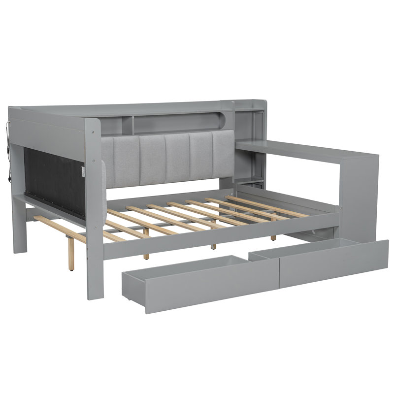 Daybed With Storage Shelves,drawers,charging Station,led Light,desk And Upholstered Headboard And Backrest, Gray